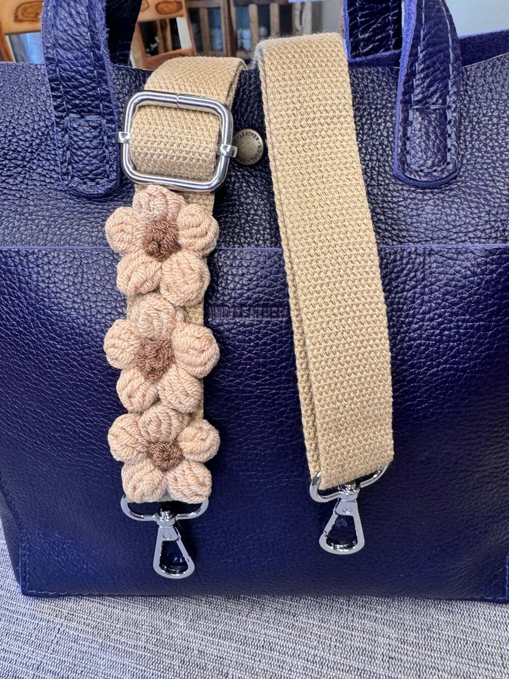 Beige Daisy Crochet Purse Strap Woven Bag Strap Crossbody Purse Strap Silver